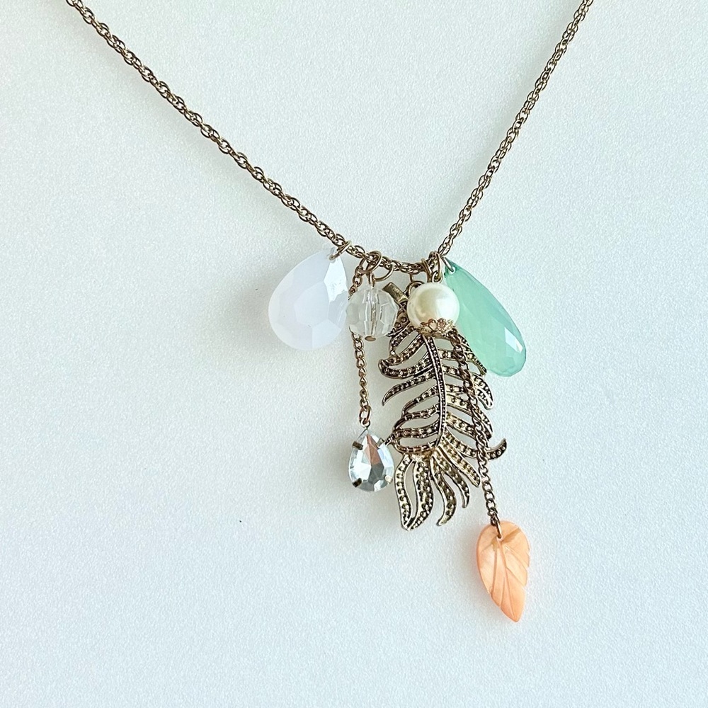 Very Long Pendant Necklace 30” with Feather Mother of Pearl Green Glass Drop 2”